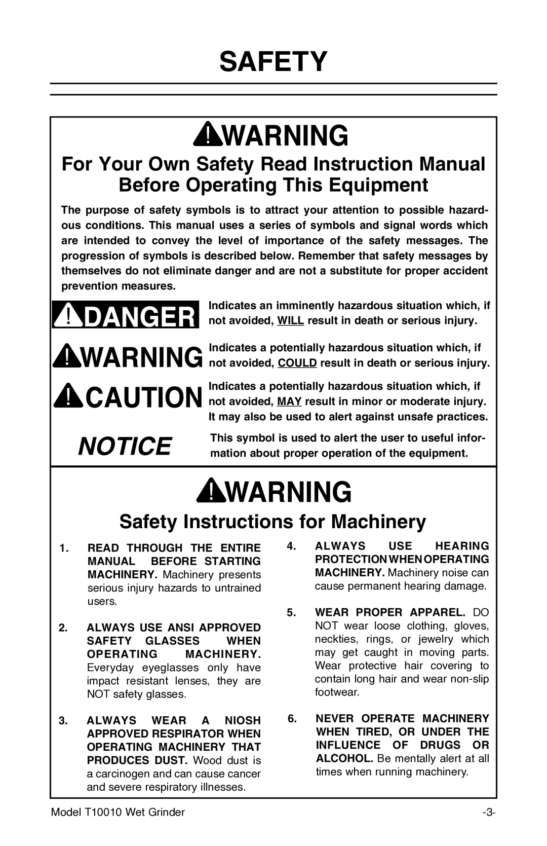 Grizzly T10010 manual Before Operating This Equipment, Safety Instructions for Machinery 