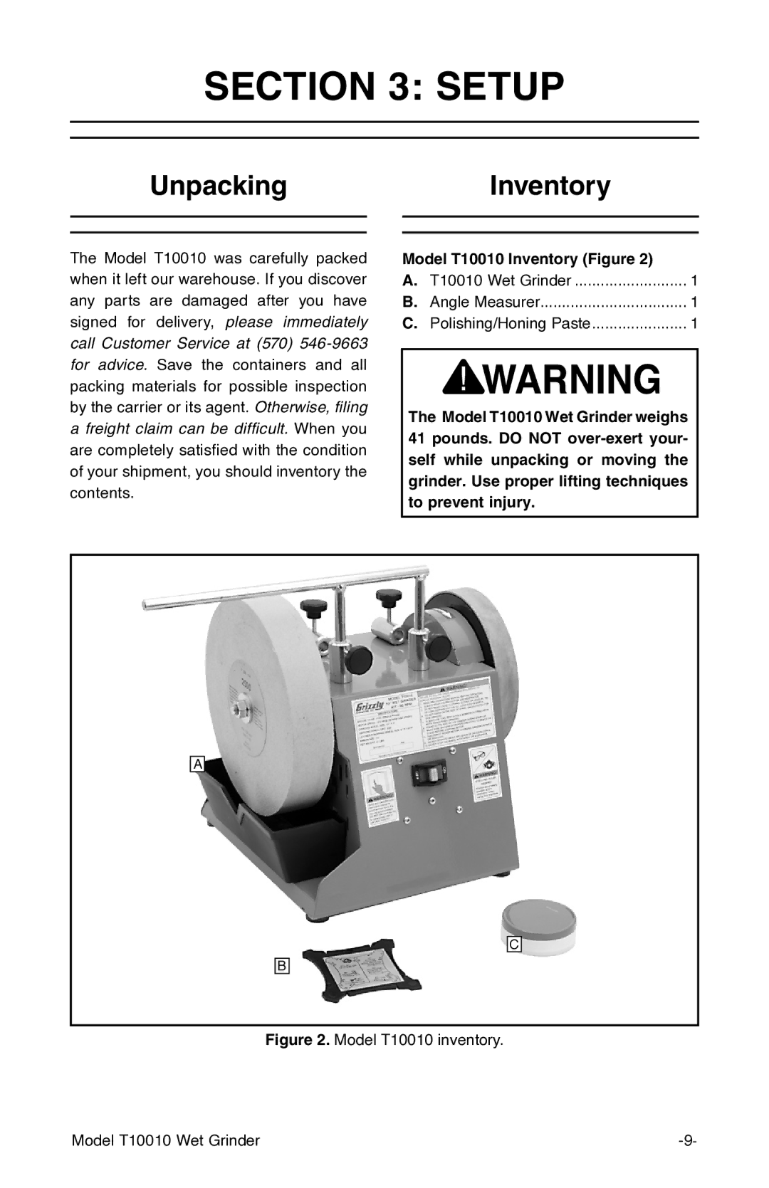 Grizzly manual Setup, UnpackingInventory, Model T10010 Inventory Figure 