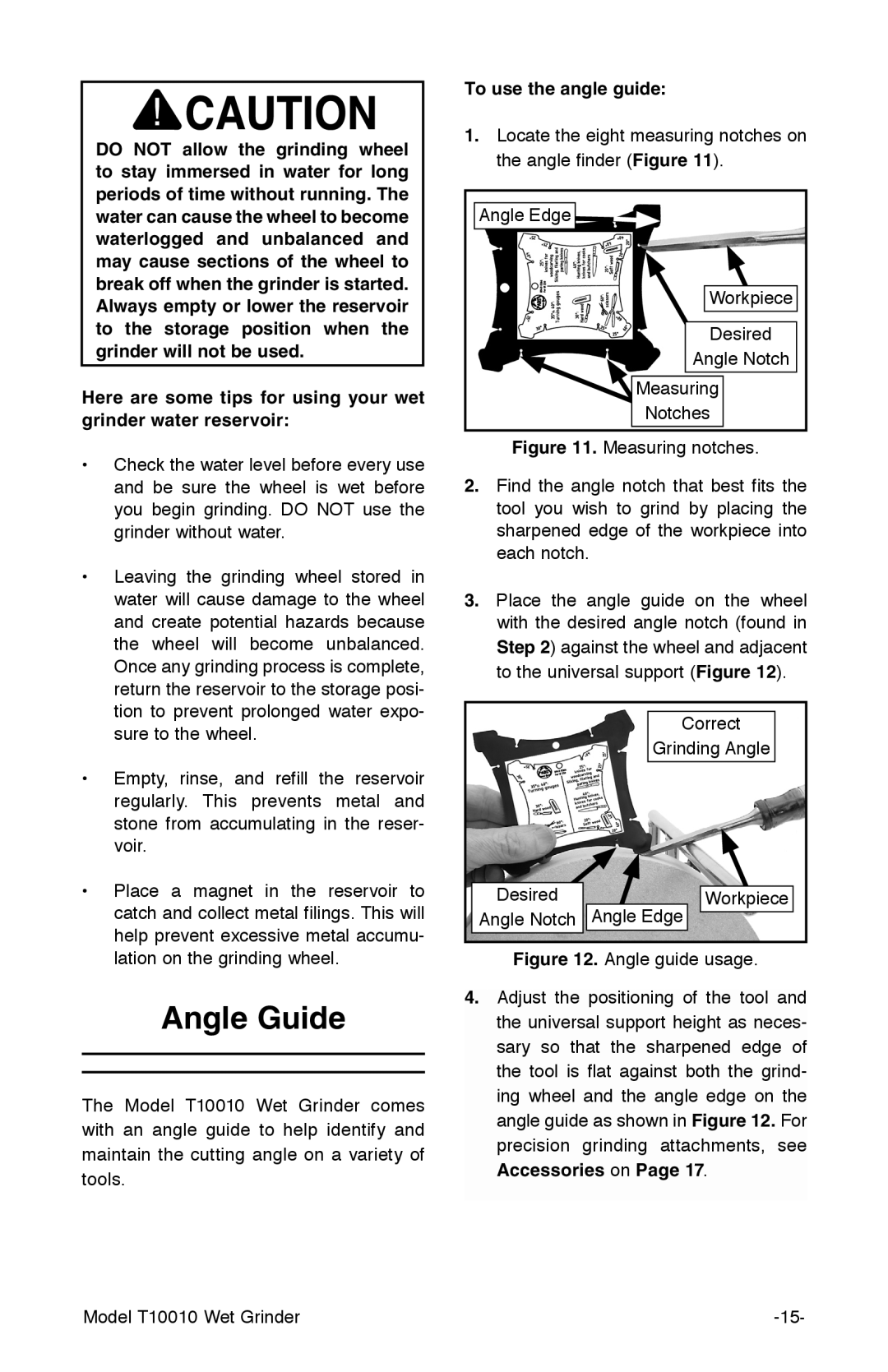 Grizzly T10010 manual Angle Guide, Here are some tips for using your wet grinder water reservoir, To use the angle guide 