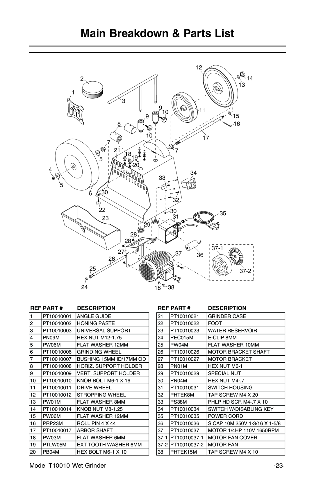 Grizzly T10010 manual Main Breakdown & Parts List, Ref Part #, Description 
