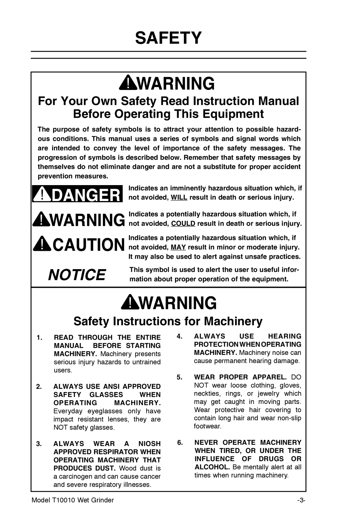 Grizzly T10010 manual For Your Own Safety Read Instruction Manual, Before Operating This Equipment 