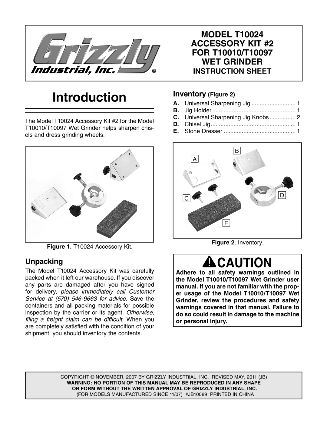 Grizzly instruction sheet Introduction, Inventory Figure, Unpacking, T10024 Accessory Kit, MODEL T10024, Wet Grinder 