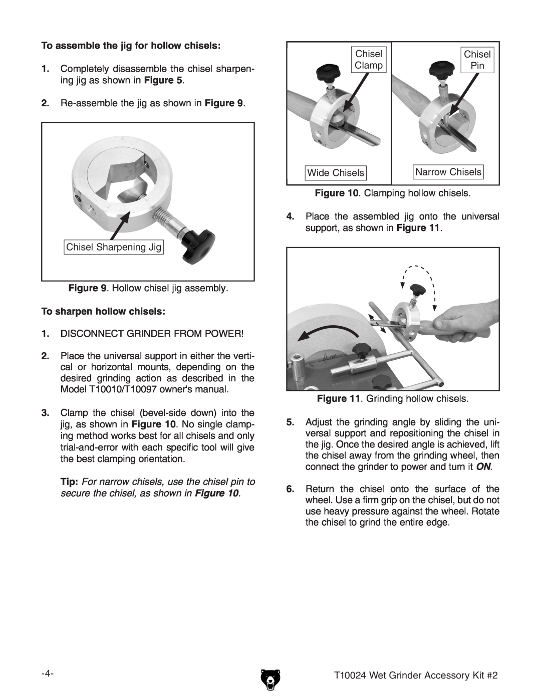 Grizzly T10024 instruction sheet To assemble the jig for hollow chisels, To sharpen hollow chisels 