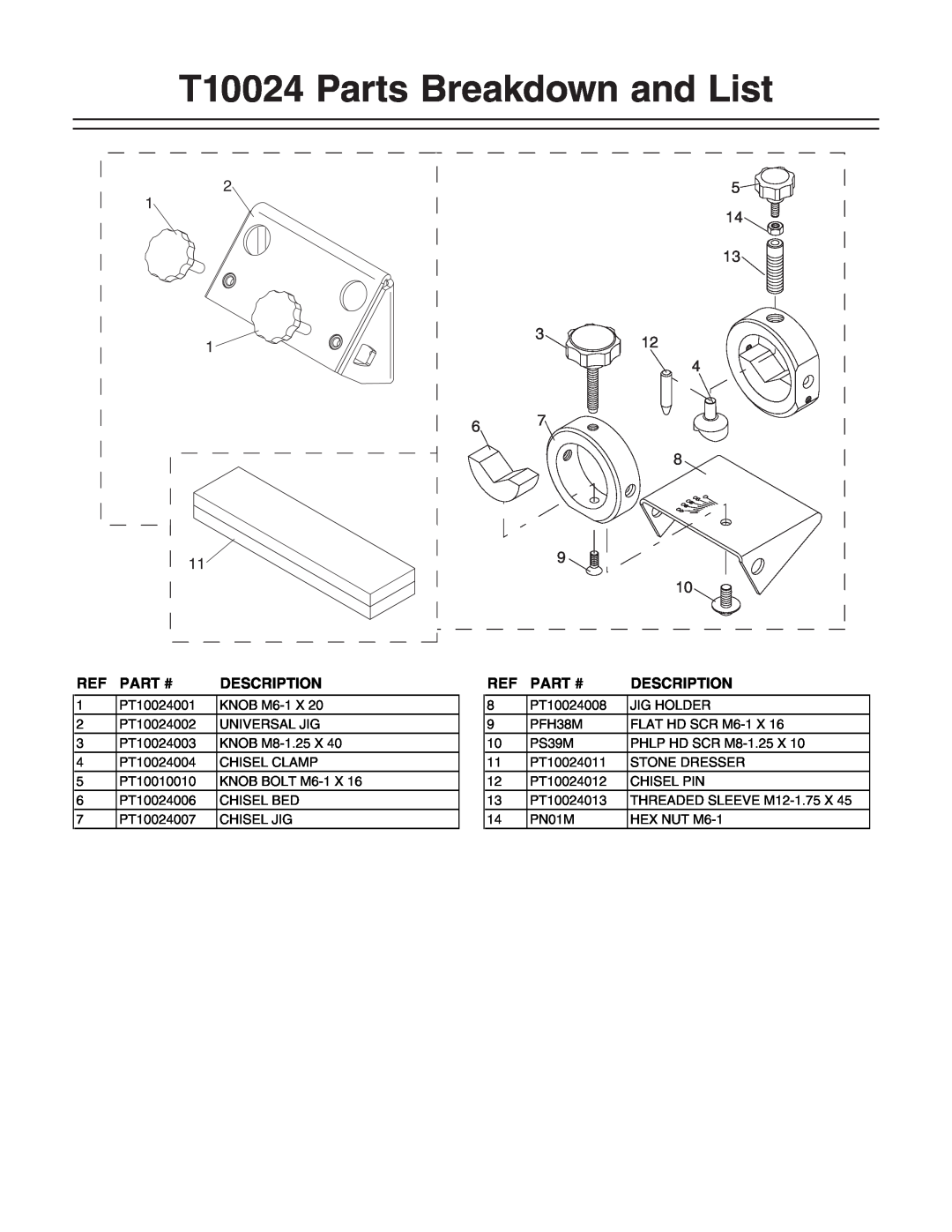 Grizzly instruction sheet T10024 Parts Breakdown and List, Part #, Description 