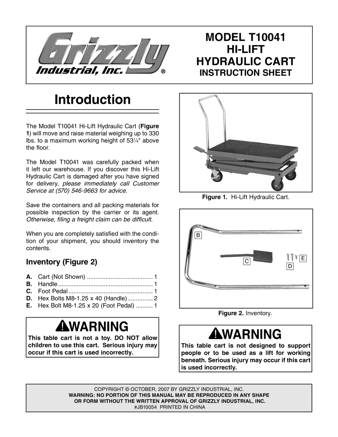 Grizzly T10041 instruction sheet Introduction, Inventory Figure 