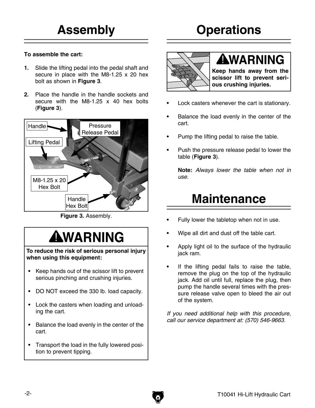 Grizzly T10041 instruction sheet Assembly, Operations, Maintenance 