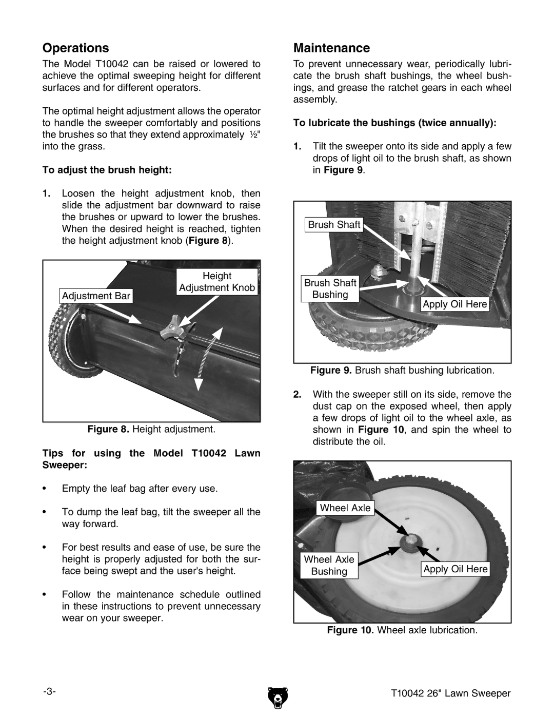 Grizzly Operations, Maintenance, To adjust the brush height, Tips for using the Model T10042 Lawn Sweeper 