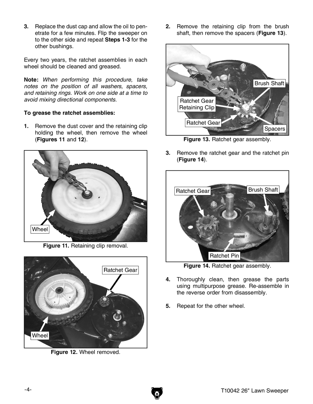 Grizzly T10042 instruction sheet To grease the ratchet assemblies, Retaining clip removal Ratchet Gear Wheel 