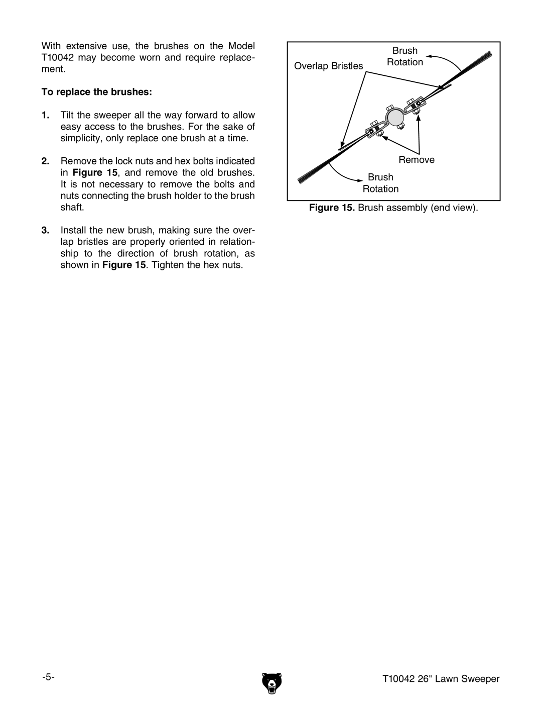 Grizzly instruction sheet To replace the brushes, Brush assembly end view T10042 26 Lawn Sweeper 