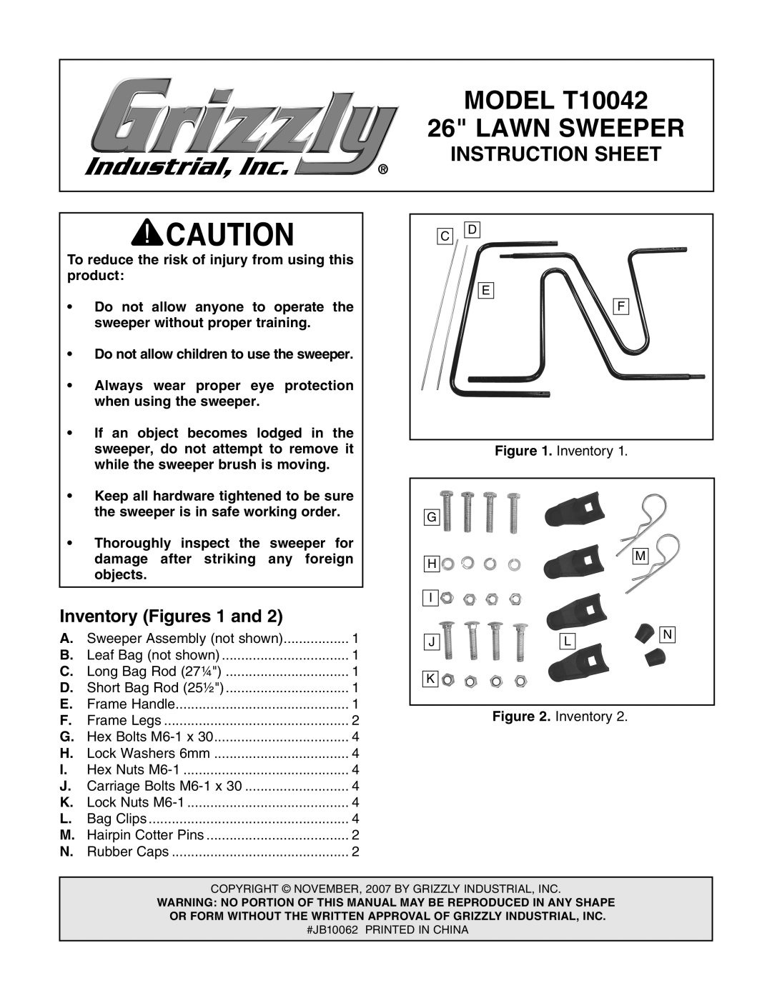 Grizzly instruction sheet Inventory Figures 1 and, MODEL T10042, Lawn Sweeper, Instruction Sheet 