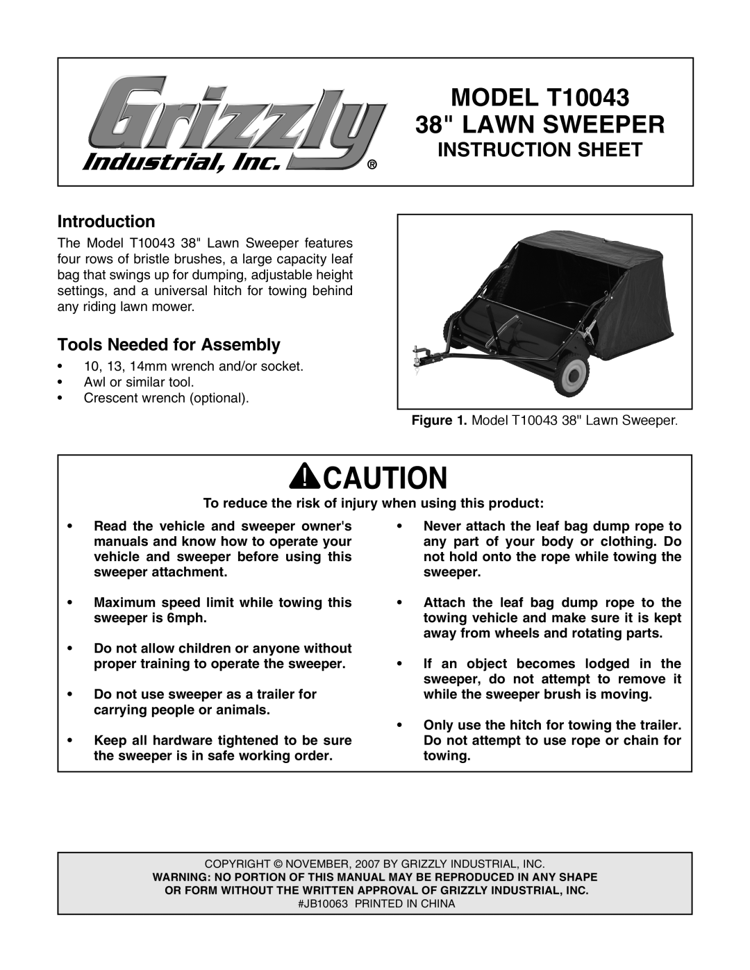 Grizzly T10043 instruction sheet Introduction, Tools Needed for Assembly 