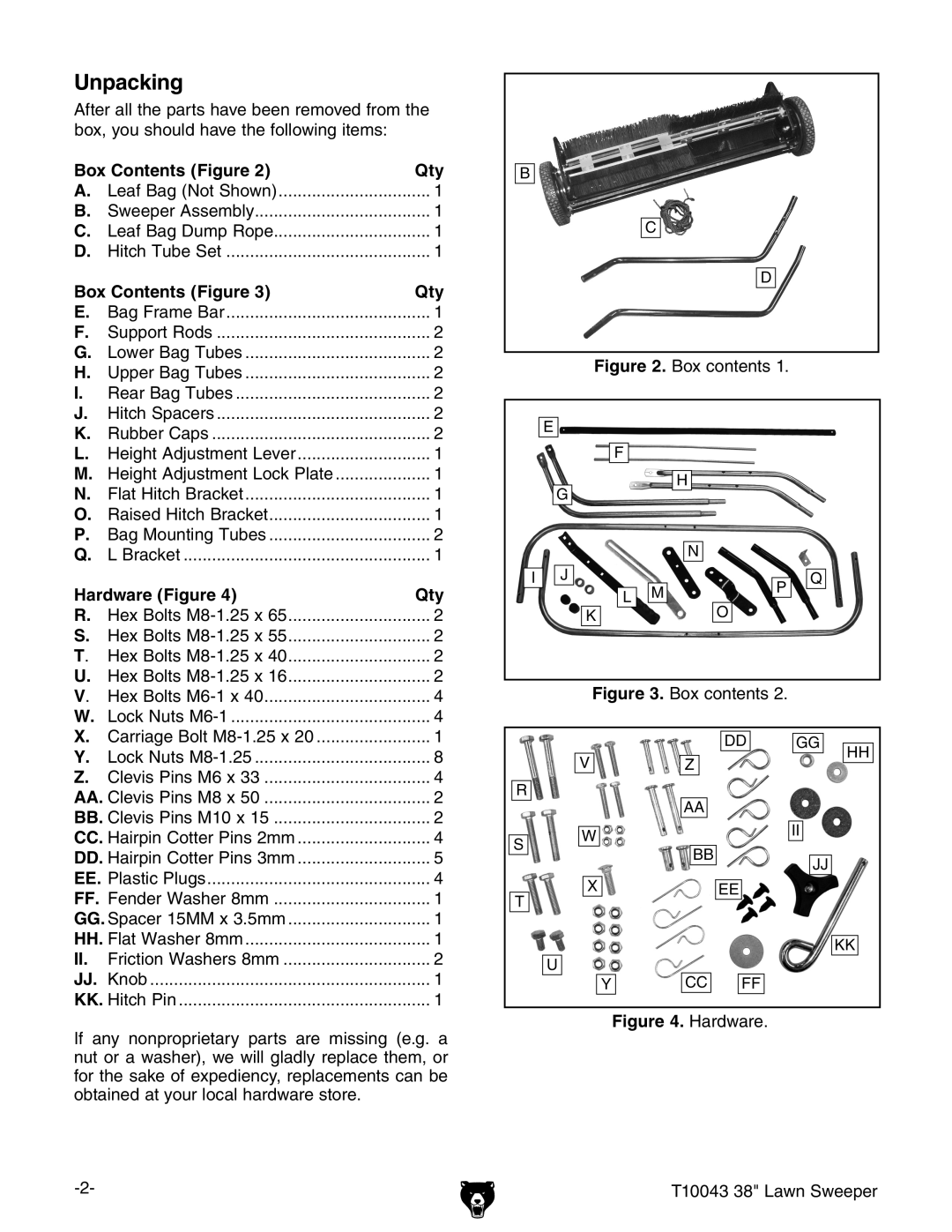 Grizzly T10043 instruction sheet Unpacking, Box Contents Figure Qty, Hardware Figure Qty 