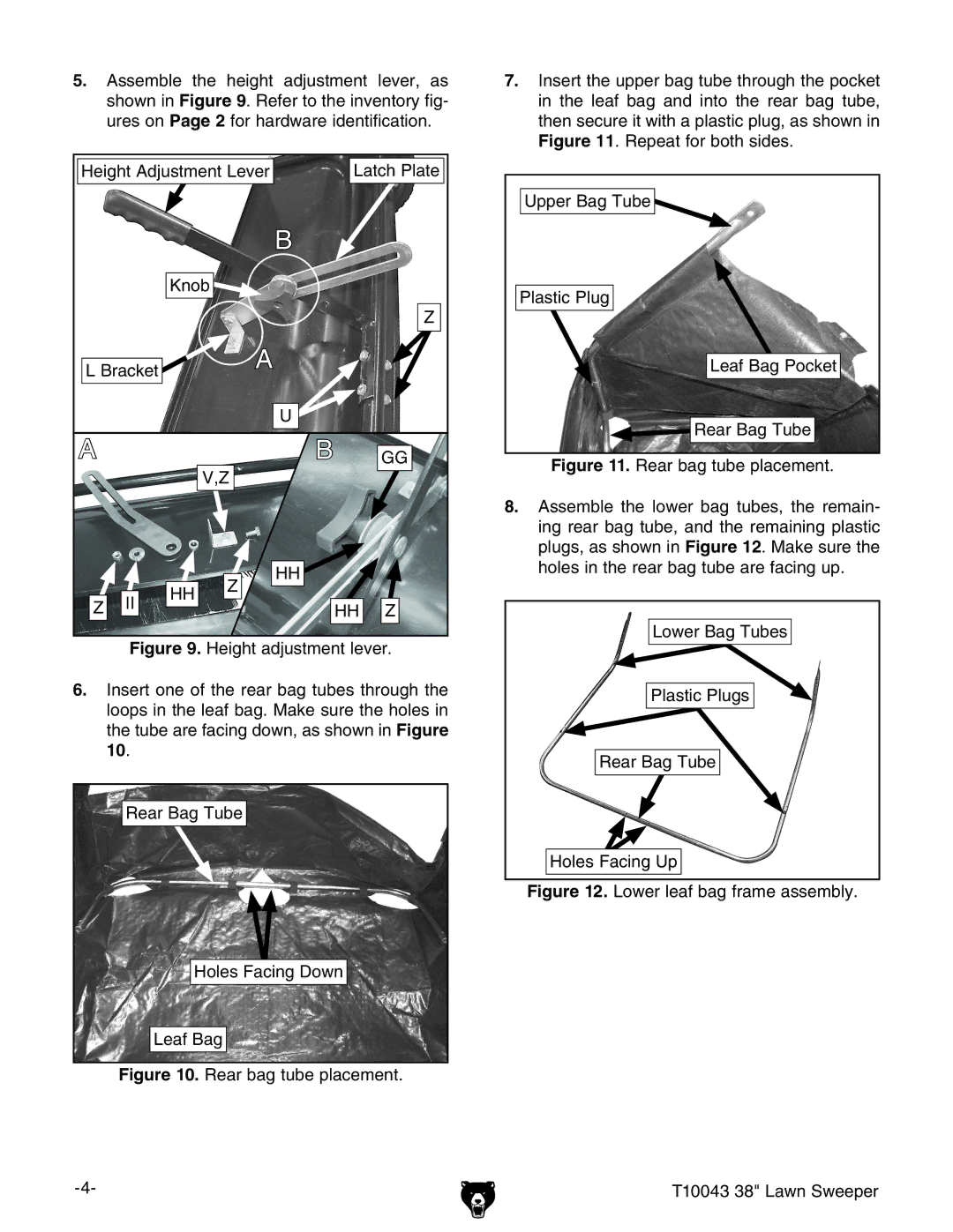 Grizzly instruction sheet Lower leaf bag frame assembly T10043 38 Lawn Sweeper 