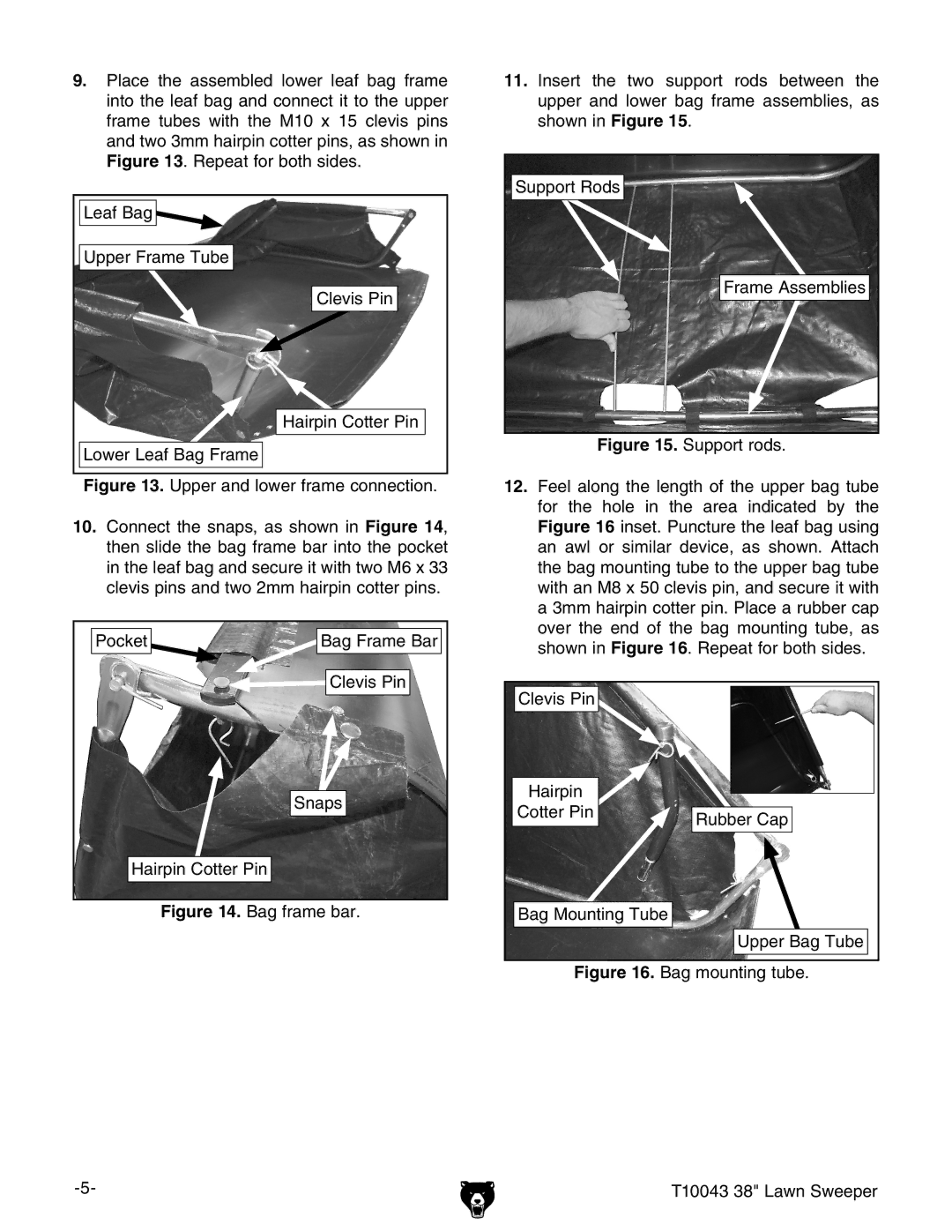 Grizzly instruction sheet Bag mounting tube T10043 38 Lawn Sweeper 