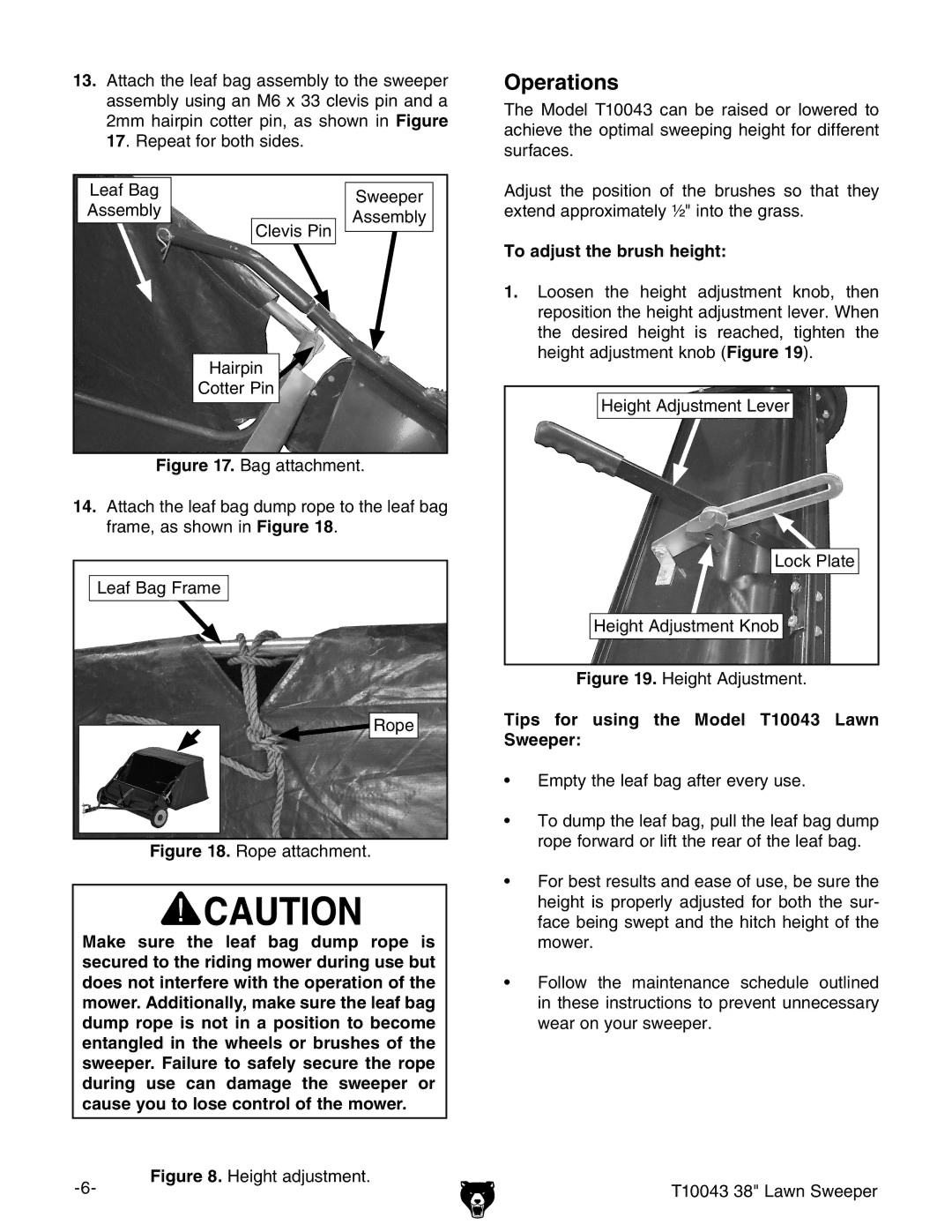 Grizzly instruction sheet Operations, To adjust the brush height, Tips for using the Model T10043 Lawn Sweeper 