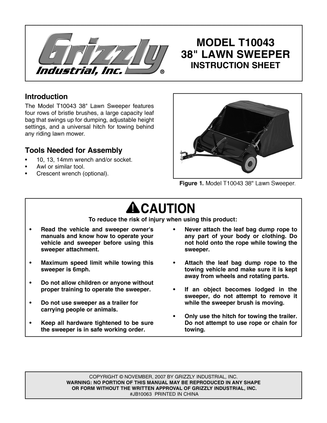 Grizzly instruction sheet Introduction, Tools Needed for Assembly, MODEL T10043, Lawn Sweeper, Instruction Sheet 