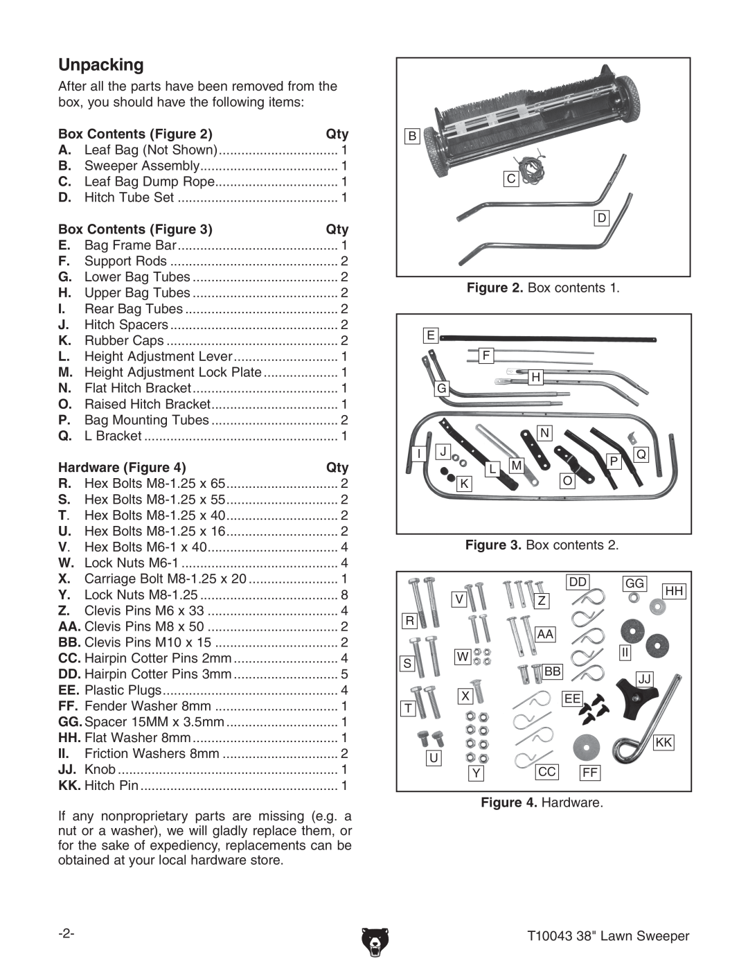 Grizzly T10043 instruction sheet Unpacking 