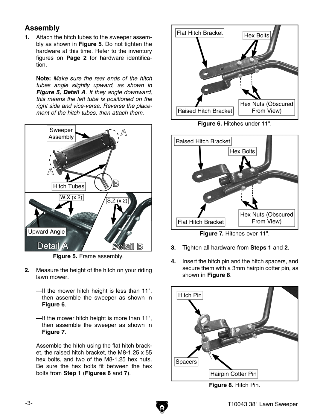 Grizzly T10043 instruction sheet Detail A, Detail B, Assembly, Hitch Tubes, Up ward Angle 