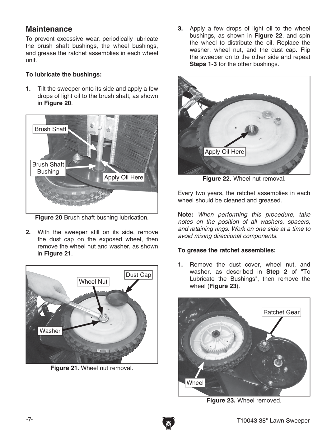Grizzly T10043 instruction sheet Maintenance, To lubricate the bushings, To grease the ratchet assemblies 