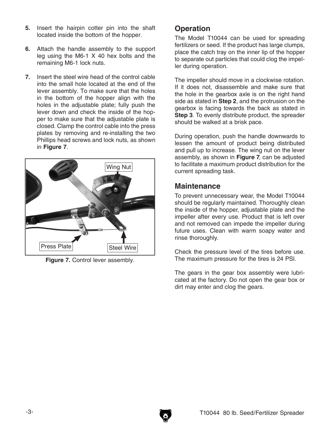 Grizzly T10044 instruction sheet Operation, Maintenance 