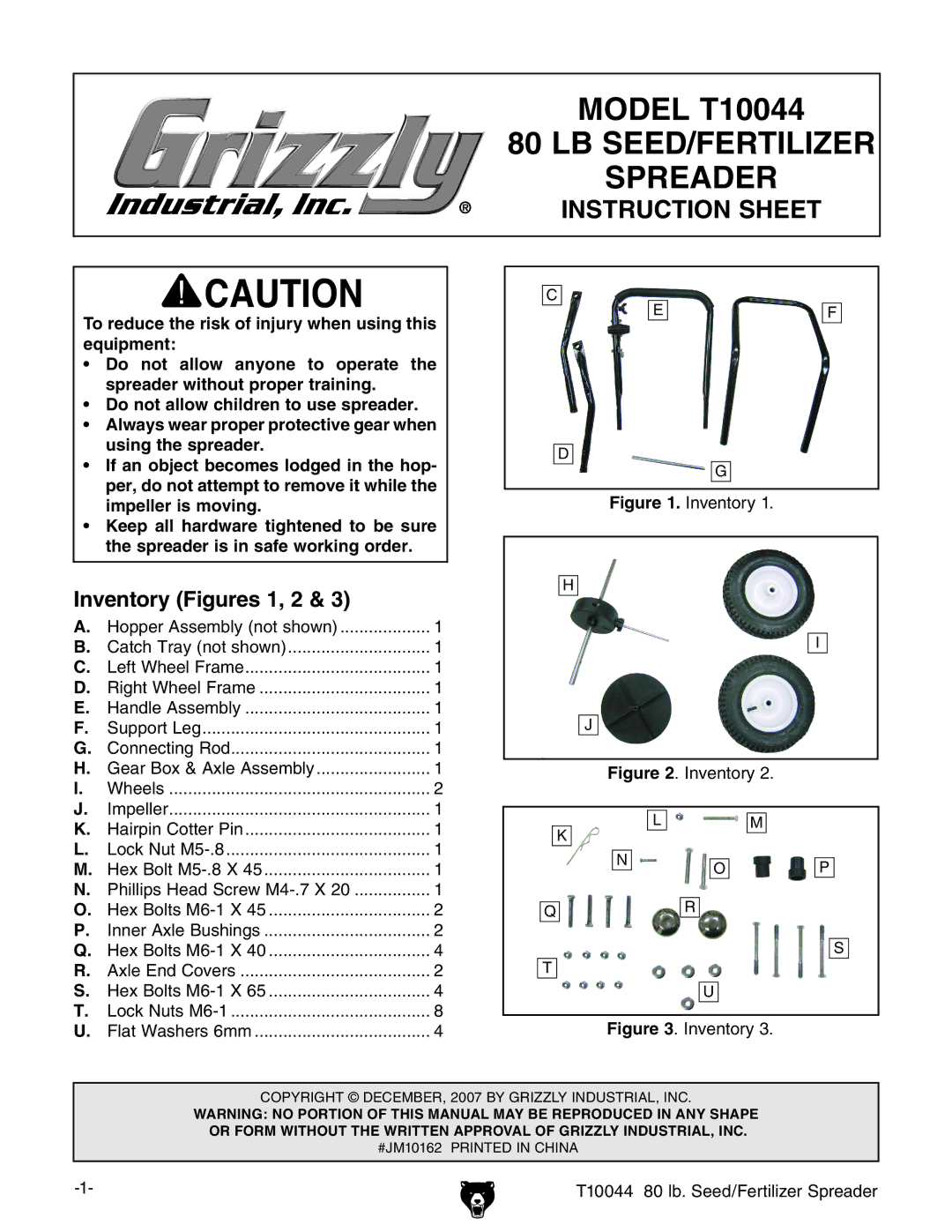 Grizzly T10044 instruction sheet Spreader, Inventory Figures 1, 2 