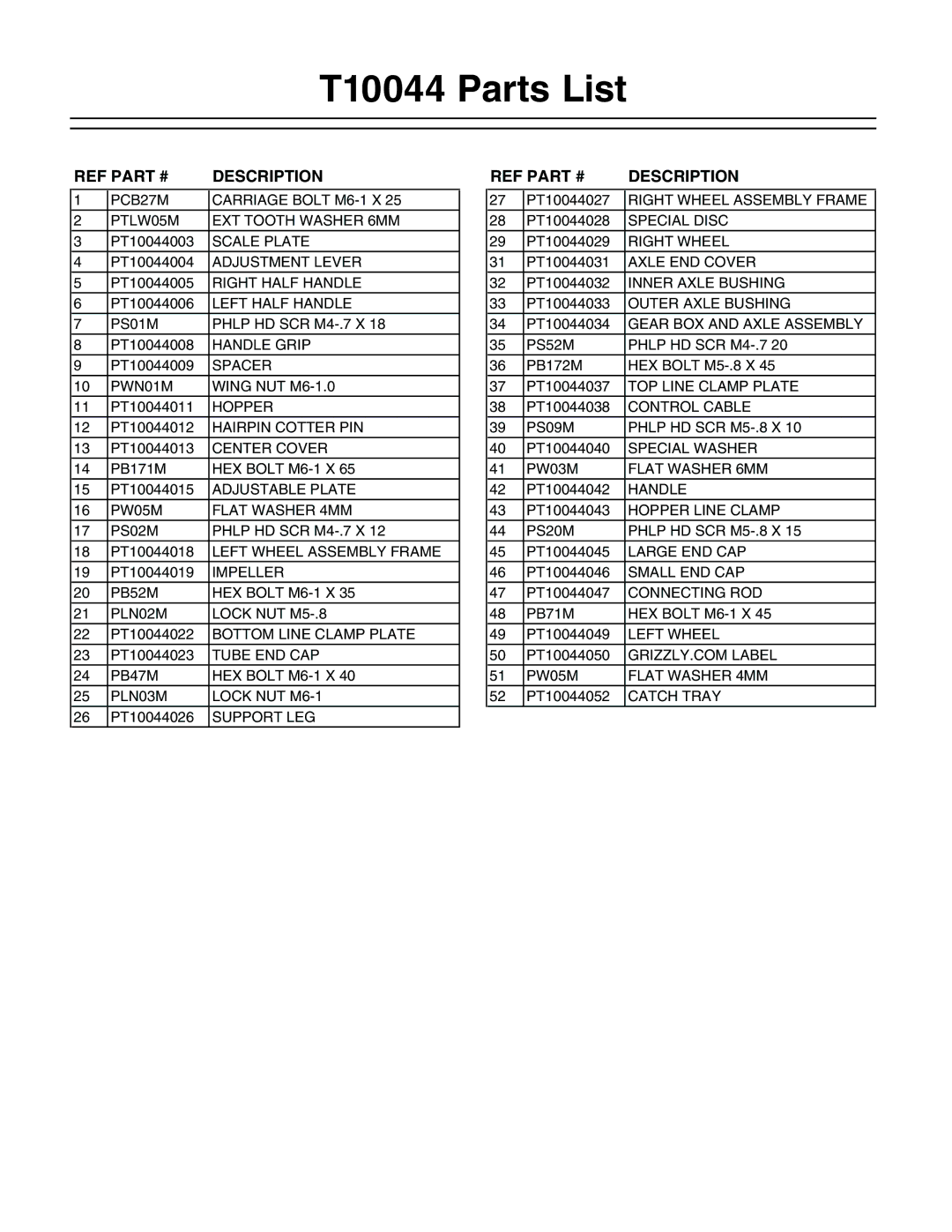 Grizzly instruction sheet T10044 Parts List 