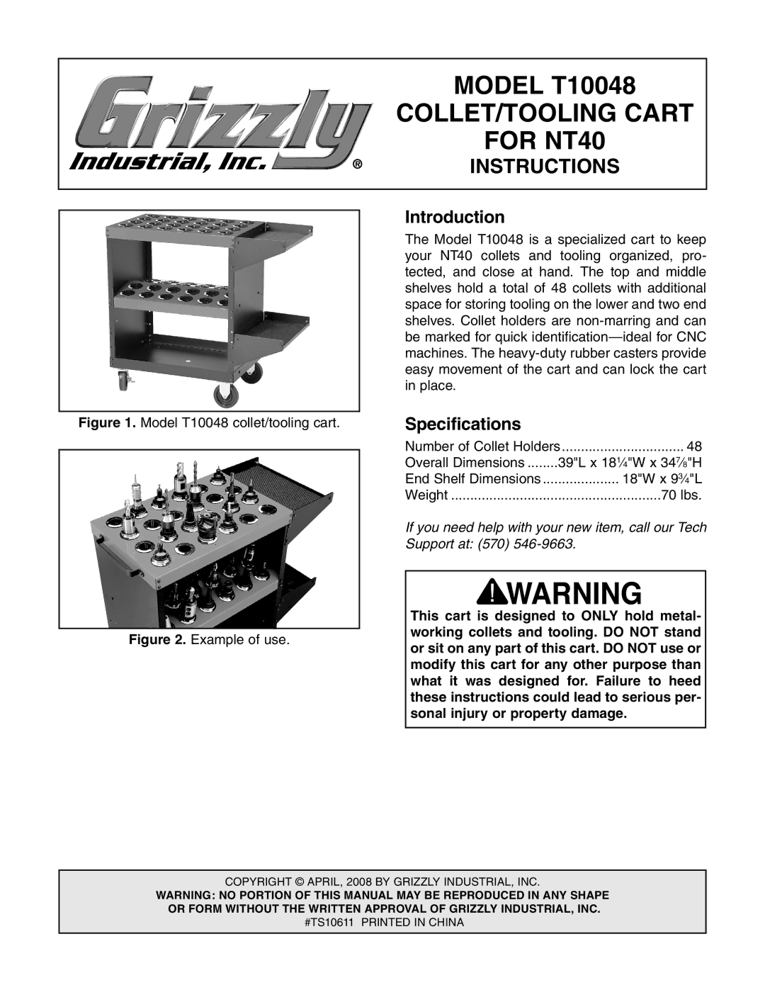 Grizzly T10048 specifications Introduction, Specifications 