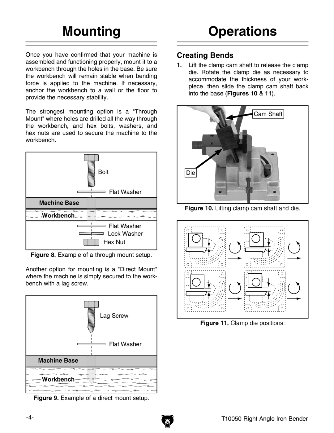 Grizzly T10050 specifications Mounting, Operations, Creating Bends 