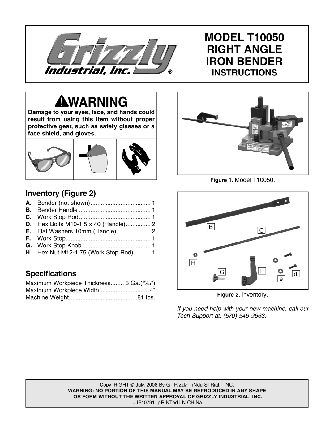 Grizzly specifications Inventory Figure, Specifications, MODEL T10050, Right Angle, Iron Bender, Instructions 