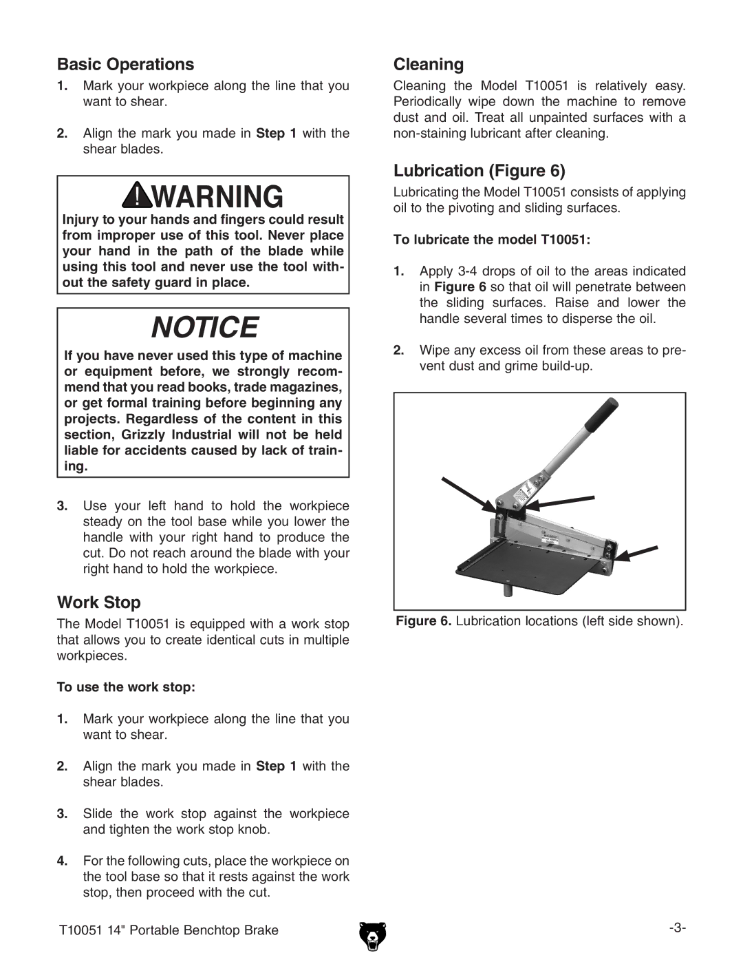 Grizzly T10051 specifications Basic Operations, Work Stop, Cleaning, Lubrication Figure 