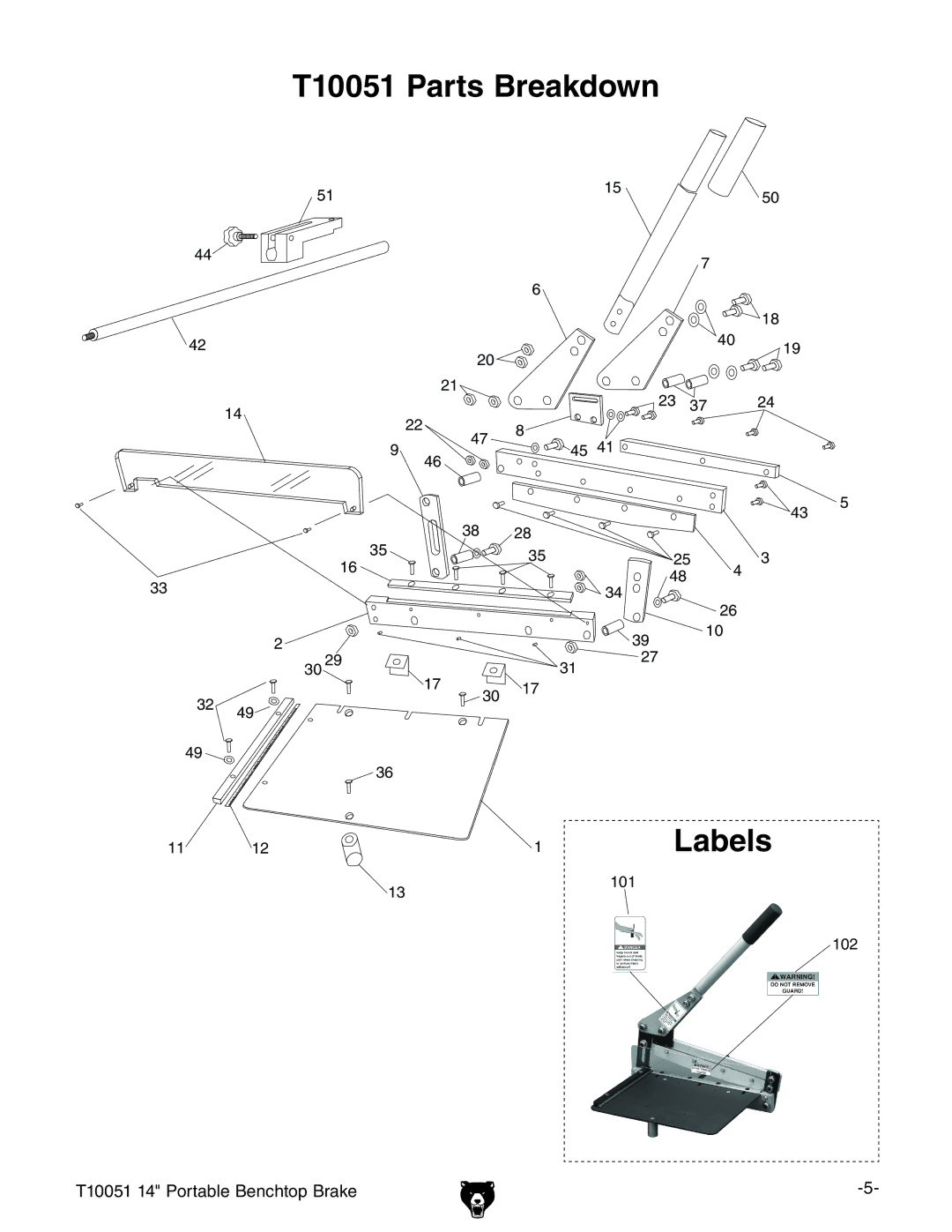 Grizzly specifications T10051 Parts Breakdown Labels 