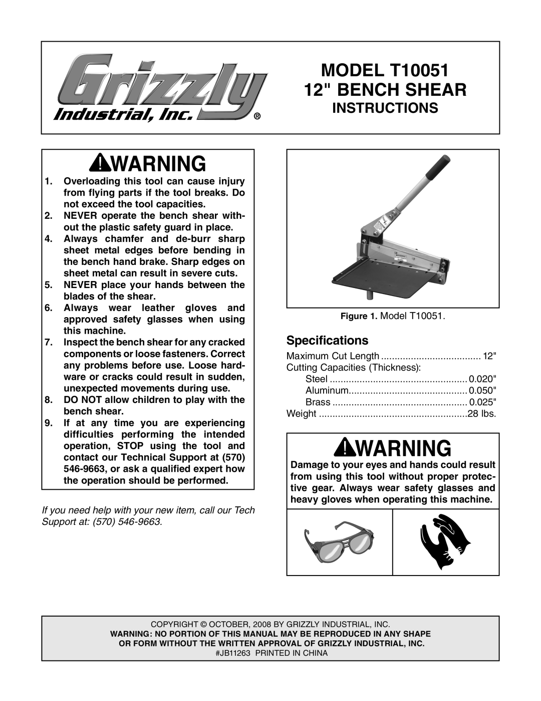 Grizzly specifications Specifications, MODEL T10051, Bench Shear, Instructions 