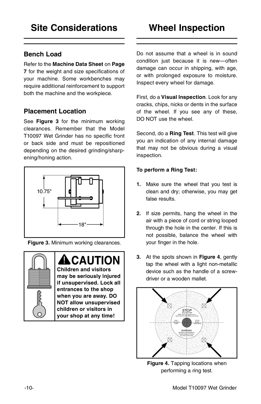 Grizzly T10097 manual Site Considerations Wheel Inspection, Bench Load, Placement Location, To perform a Ring Test 