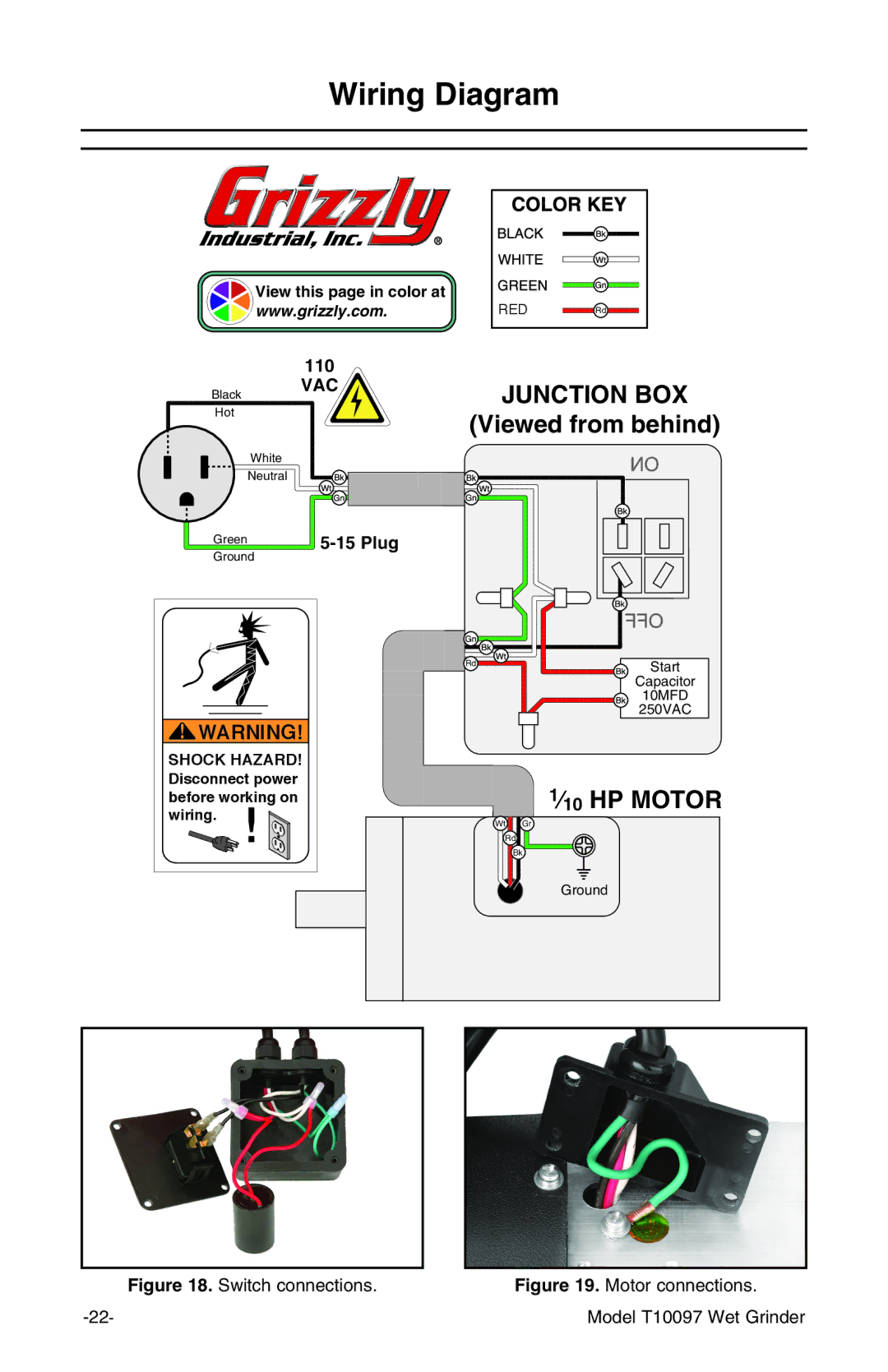 Grizzly T10097 manual Wiring Diagram, Viewed from behind 