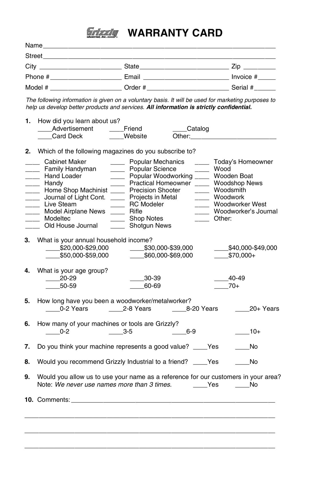 Grizzly T10097 manual Warranty Card 