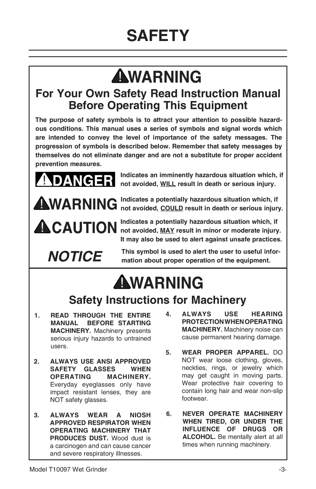 Grizzly T10097 manual Before Operating This Equipment, Safety Instructions for Machinery 