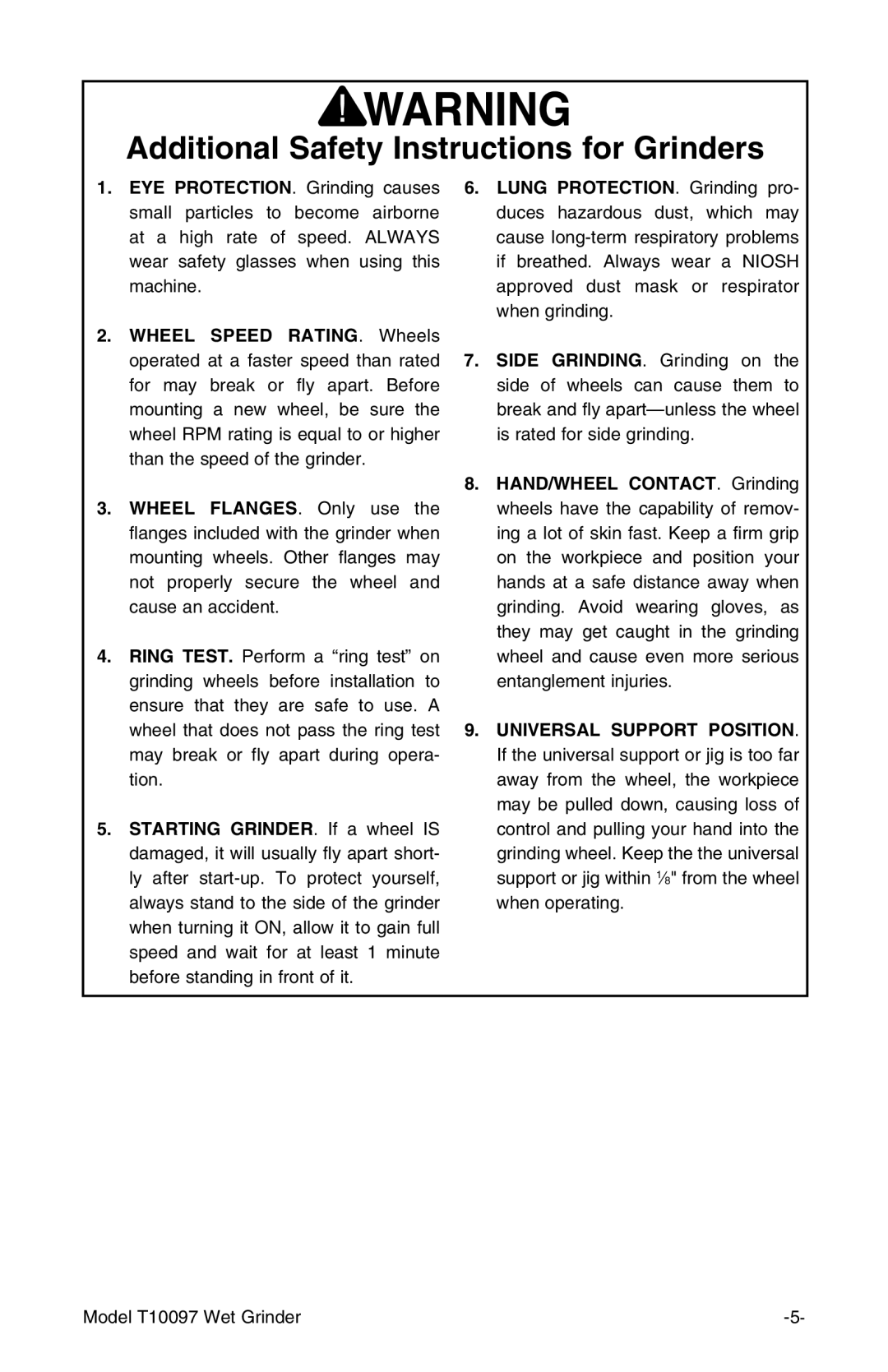 Grizzly T10097 manual Additional Safety Instructions for Grinders 