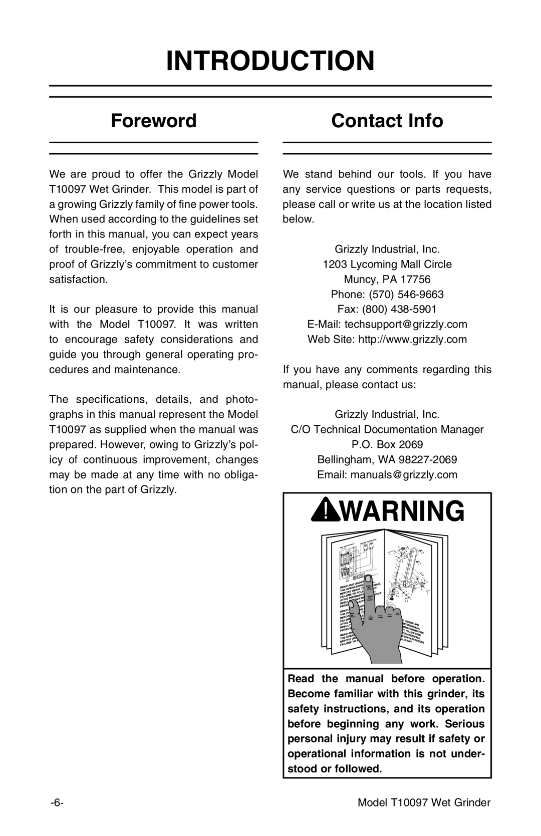 Grizzly T10097 manual Introduction, Foreword Contact Info 