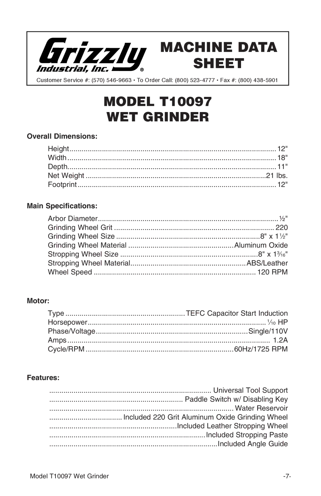 Grizzly T10097 manual Machine Data Sheet 