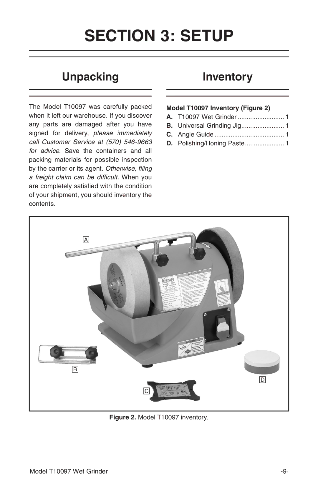 Grizzly manual Setup, UnpackingInventory, Model T10097 Inventory Figure 