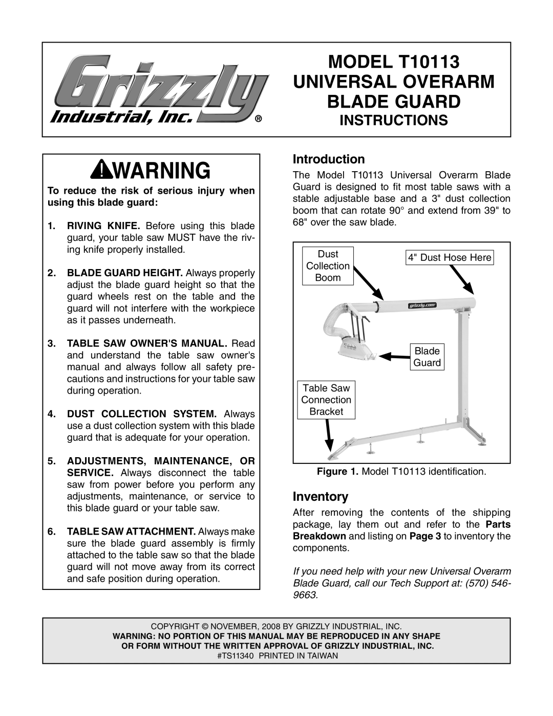 Grizzly T10113 owner manual Introduction, Inventory 