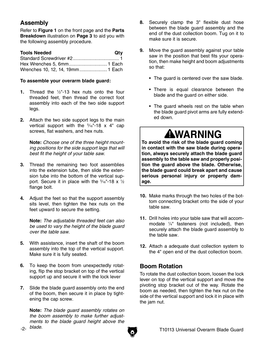 Grizzly T10113 owner manual Assembly, Boom Rotation, Tools Needed Qty, To assemble your overarm blade guard, Blade 