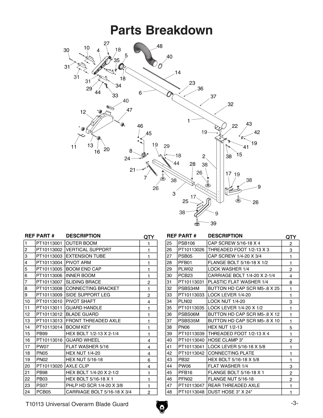 Grizzly T10113 owner manual Parts Breakdown, Description 