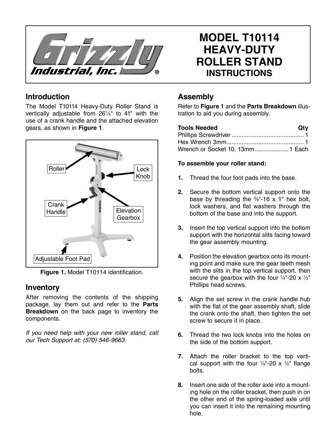 Grizzly T10114 manual Heavy-Duty, Roller Stand, Instructions, Introduction Assembly, Inventory 