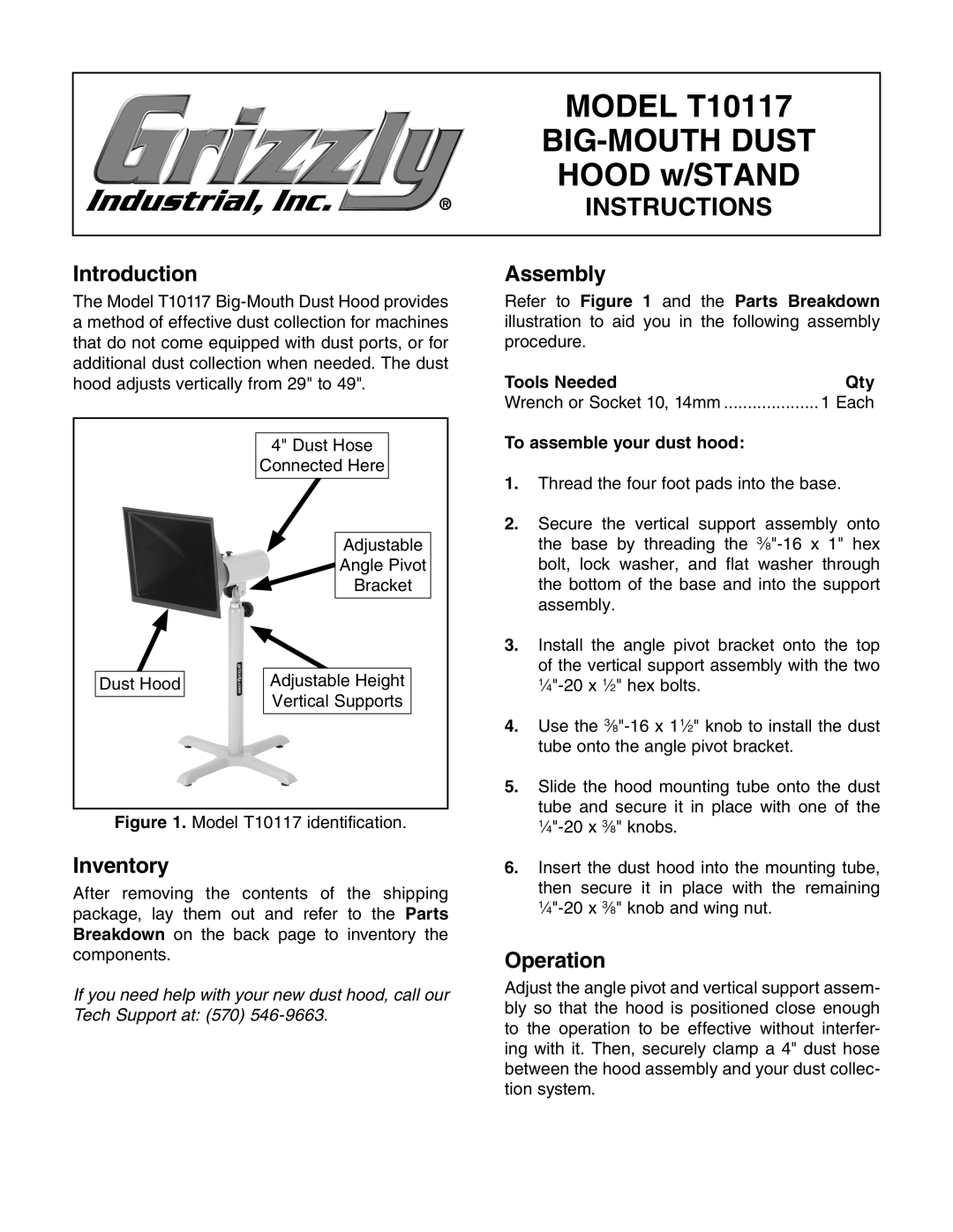 Grizzly manual Model T10117, BIG-MOUTH Dust, Hood w/STAND, Instructions 