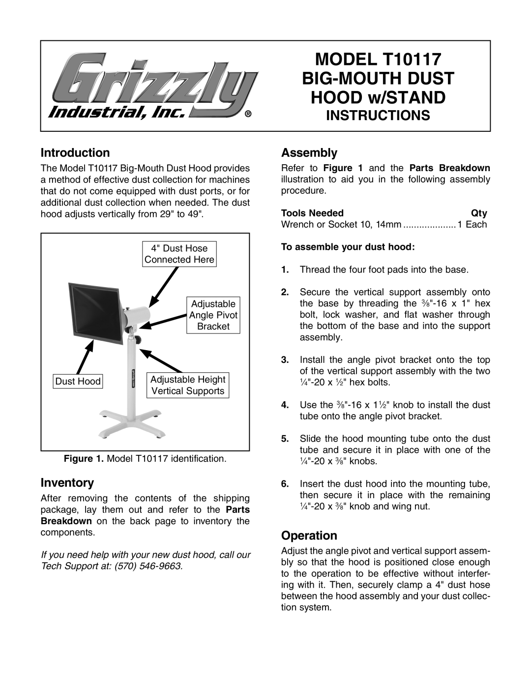 Grizzly manual MODEL T10117, Big-Mouth Dust, HOOD w/STAND, Instructions, Introduction, Assembly, Inventory, Operation 