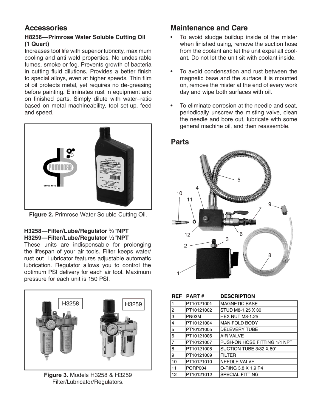 Grizzly T10121 specifications Accessories, Maintenance and Care, Parts 