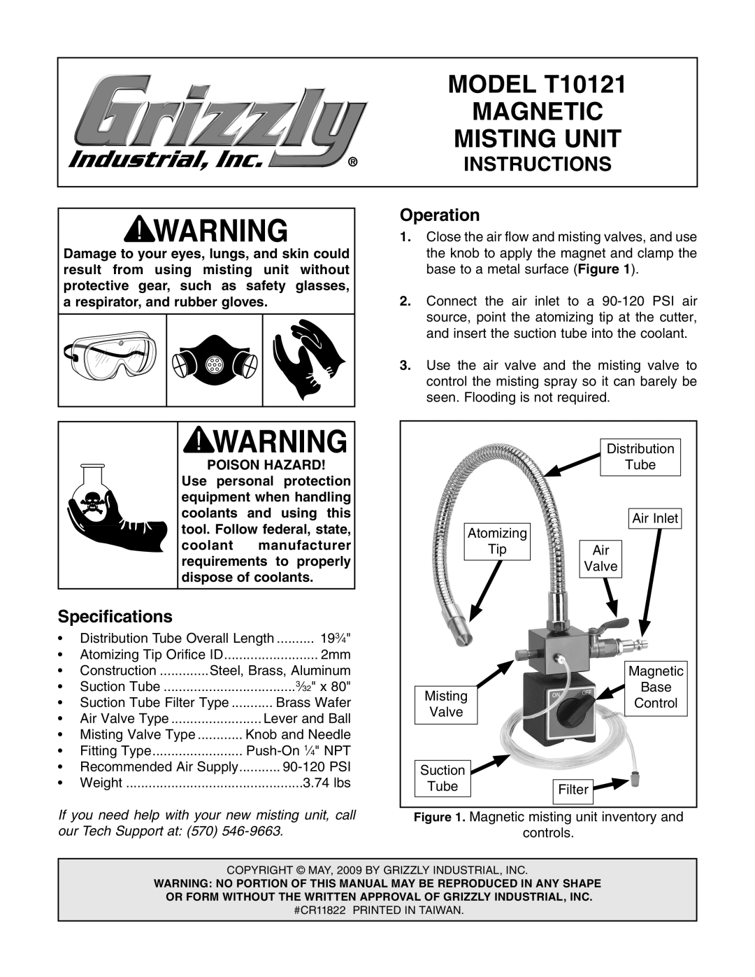 Grizzly specifications Operation, Specifications, MODEL T10121, Magnetic, Misting Unit, Instructions 