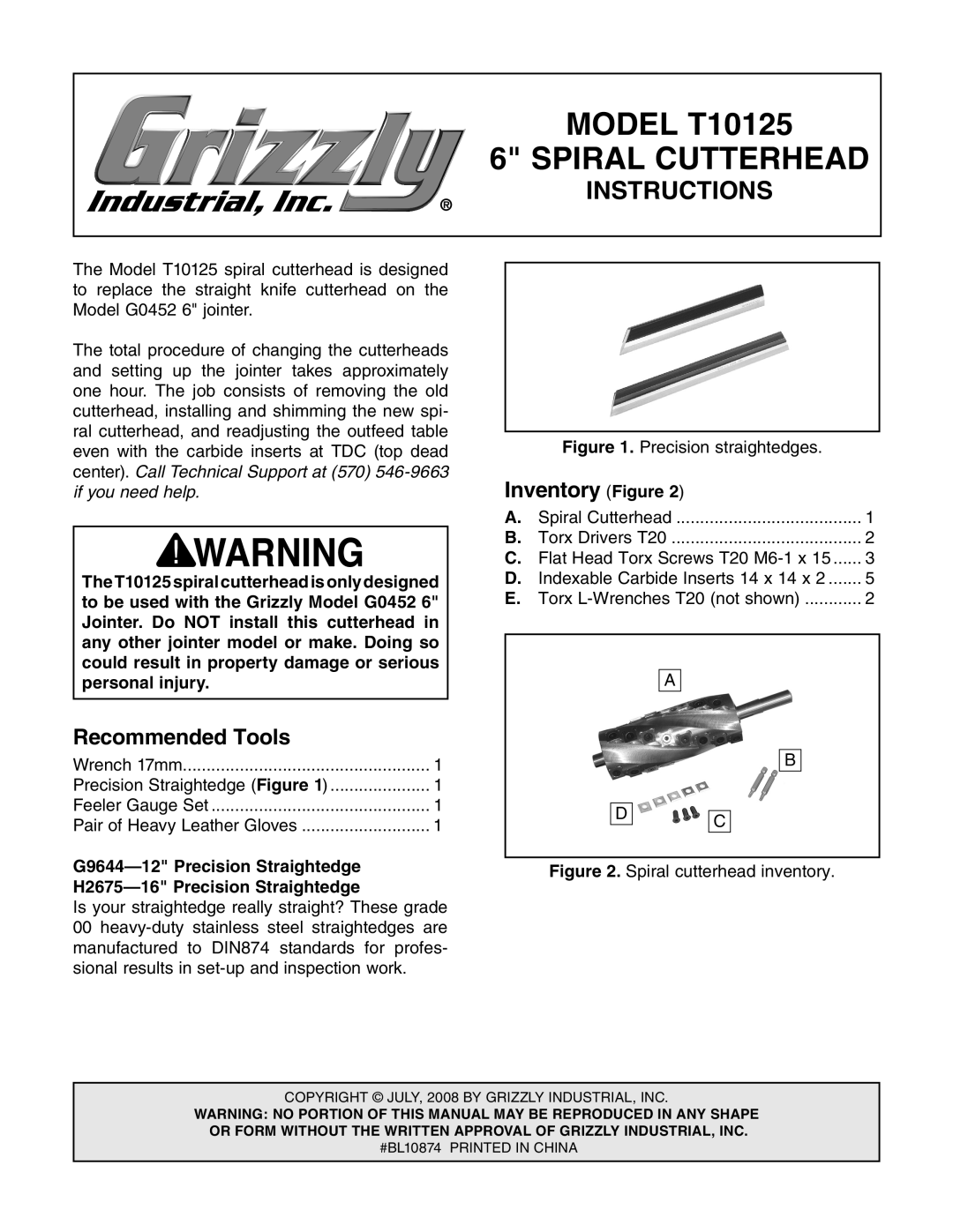 Grizzly T10125 manual Recommended Tools, Inventory Figure 