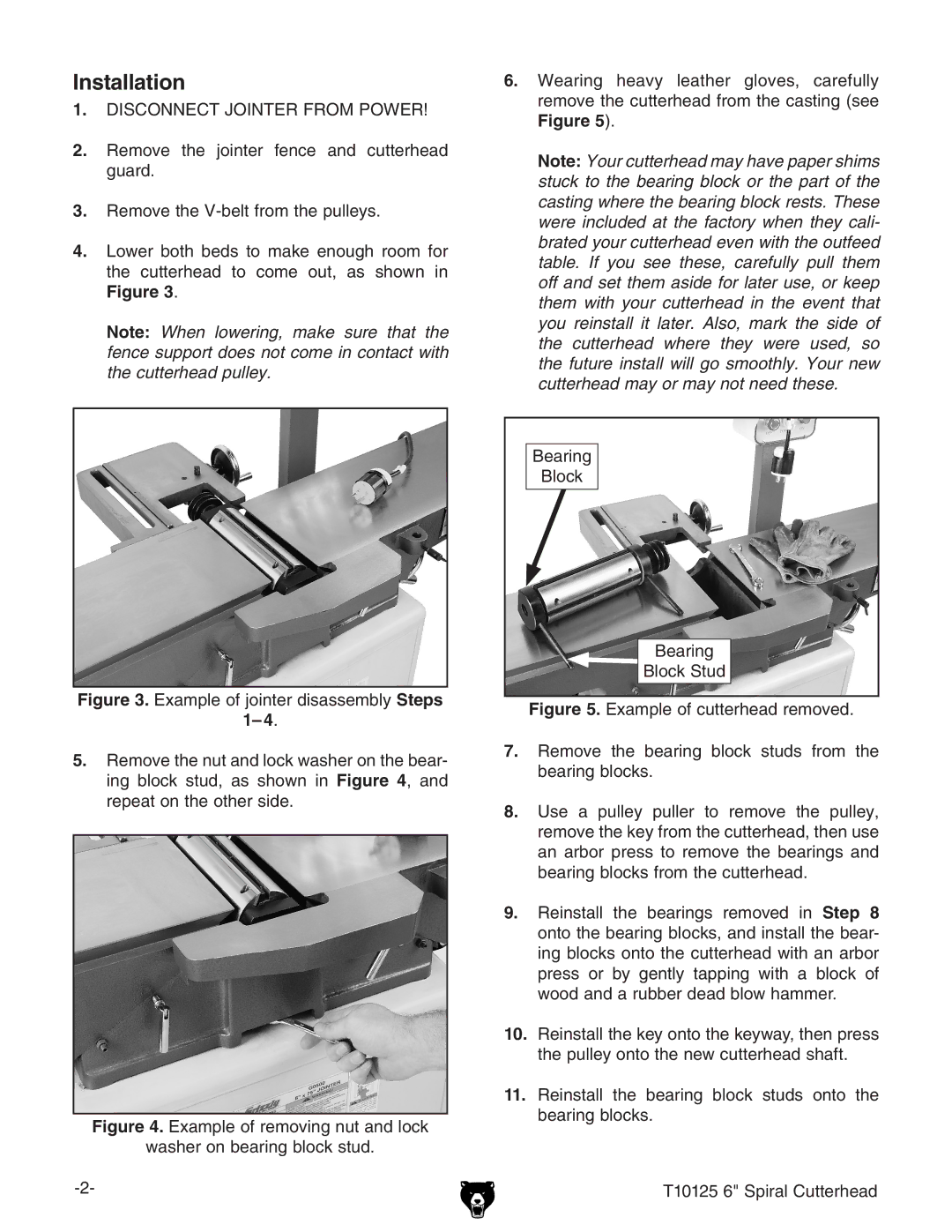 Grizzly T10125 manual Installation, Disconnect Jointer from Power 